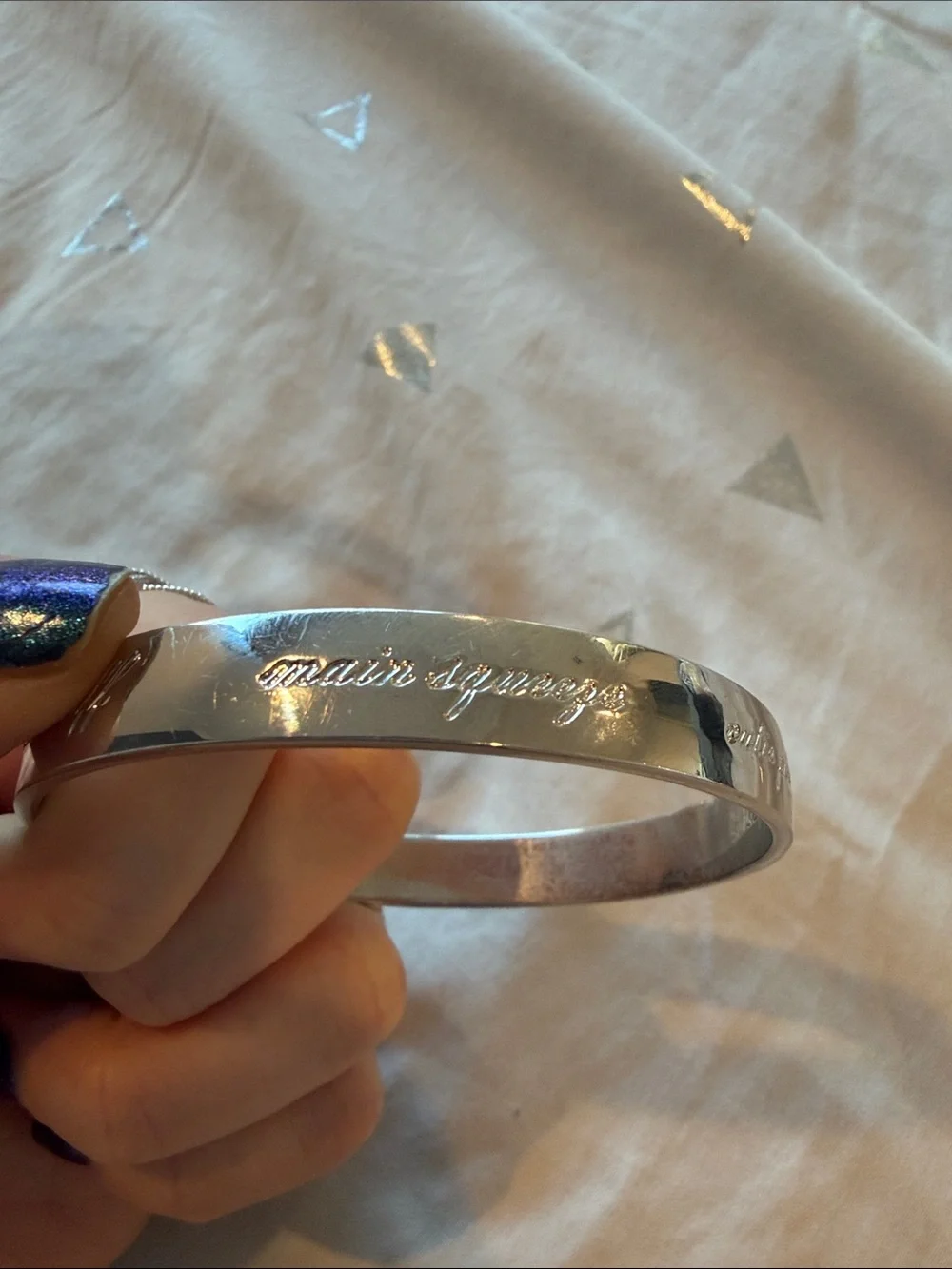 Kate Spade “be mine” Idiom Silver Engraved Metal Bangle Bracelet